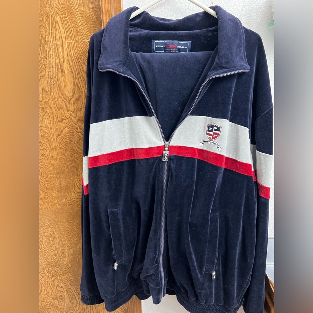 Vintage, Phat Farm, velour track suit. Blue, red and grey. Size 2XL.